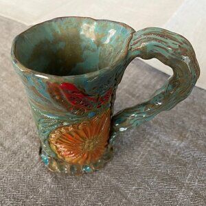 Handmade Clay Mug Crude Floral Teal Blue Signed by Spirit Song Studios